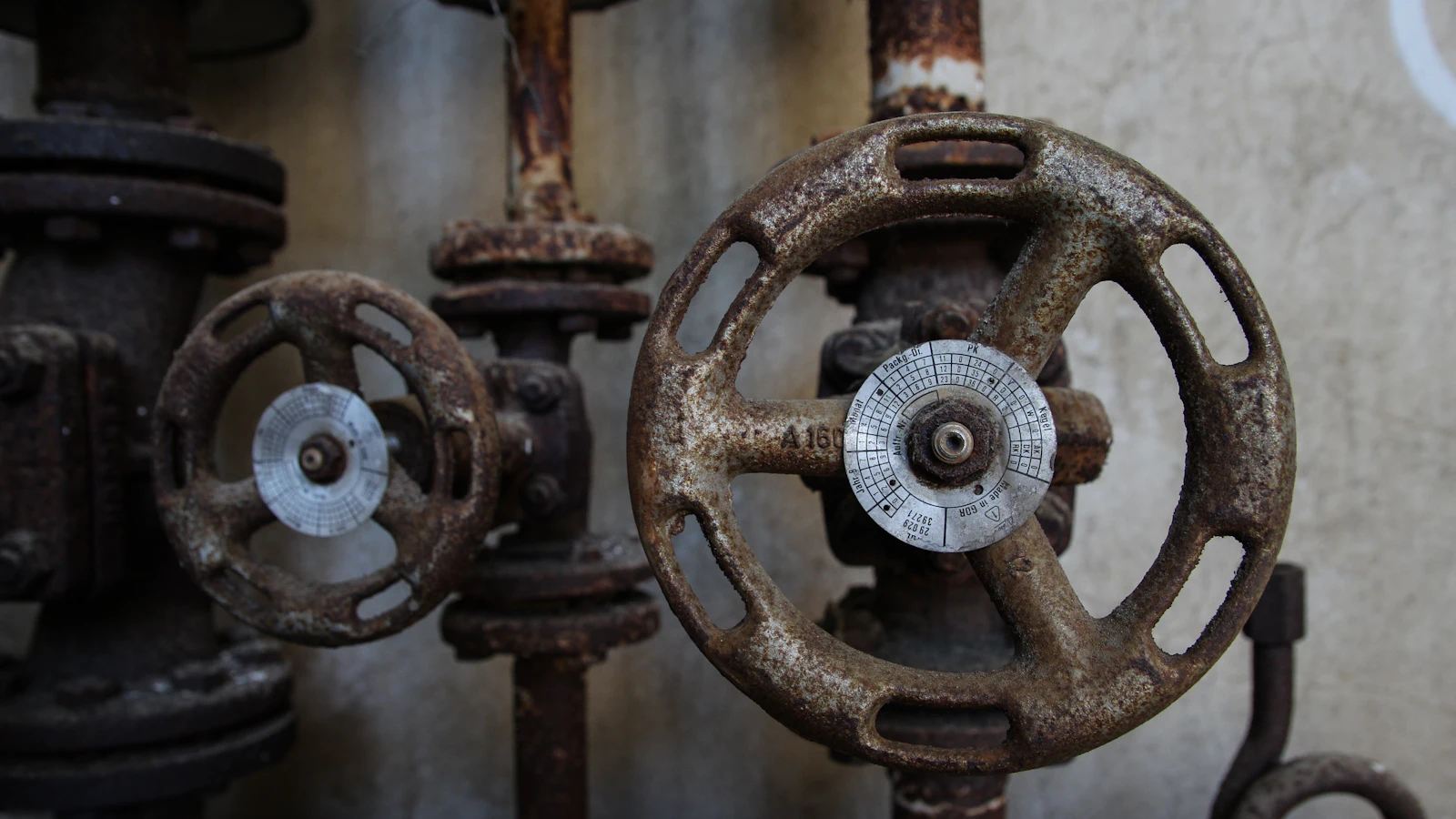 Two rusted gate-valve handwheels on old pipework, each with a rating plate at its hub — nothing moves down the line until somebody opens the gate, and the plate states what it is rated to carry