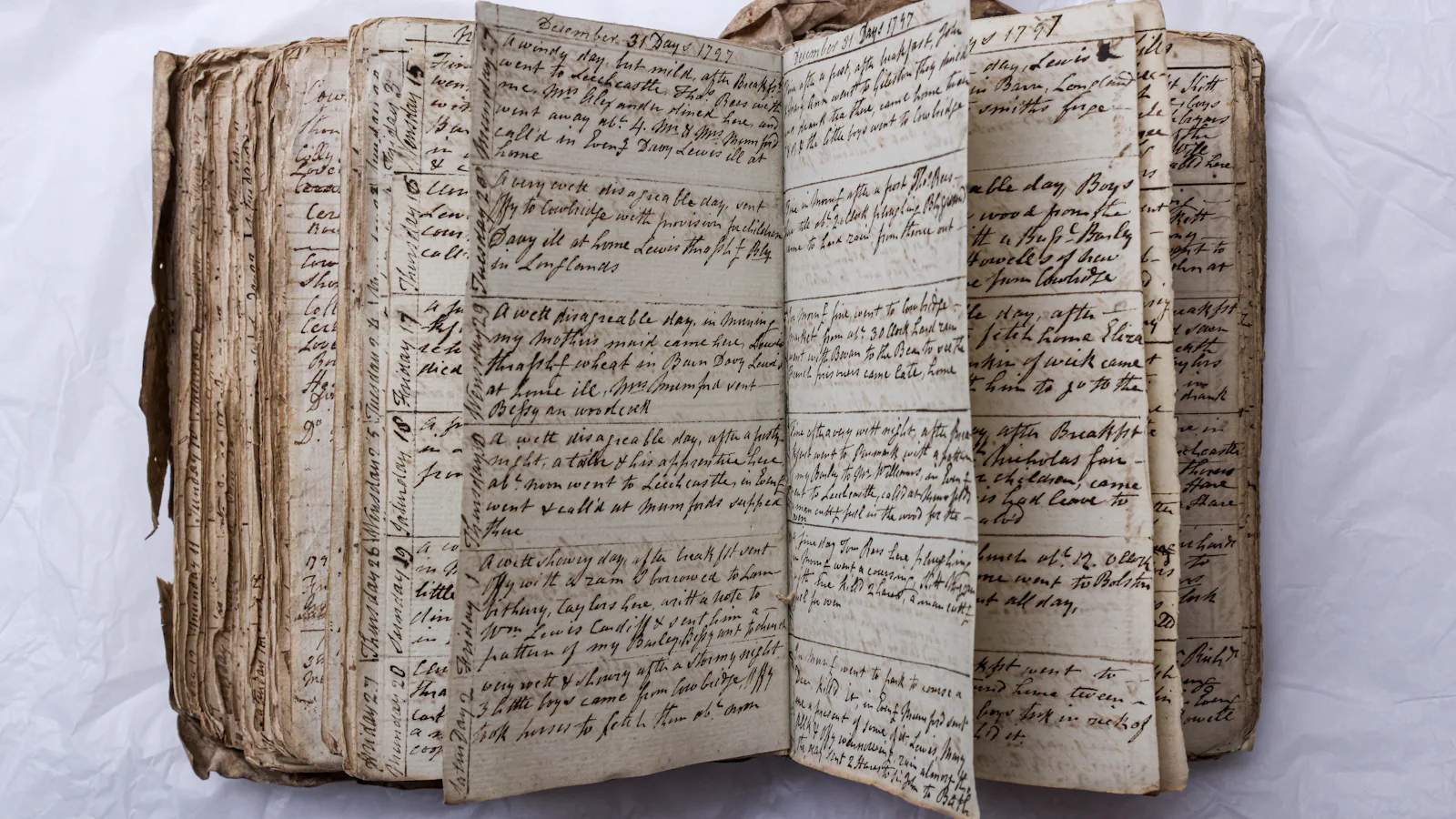 An old handwritten journal open on its ruled pages, one dated entry under another, the kind of running record a retrospective should be read from instead of memory