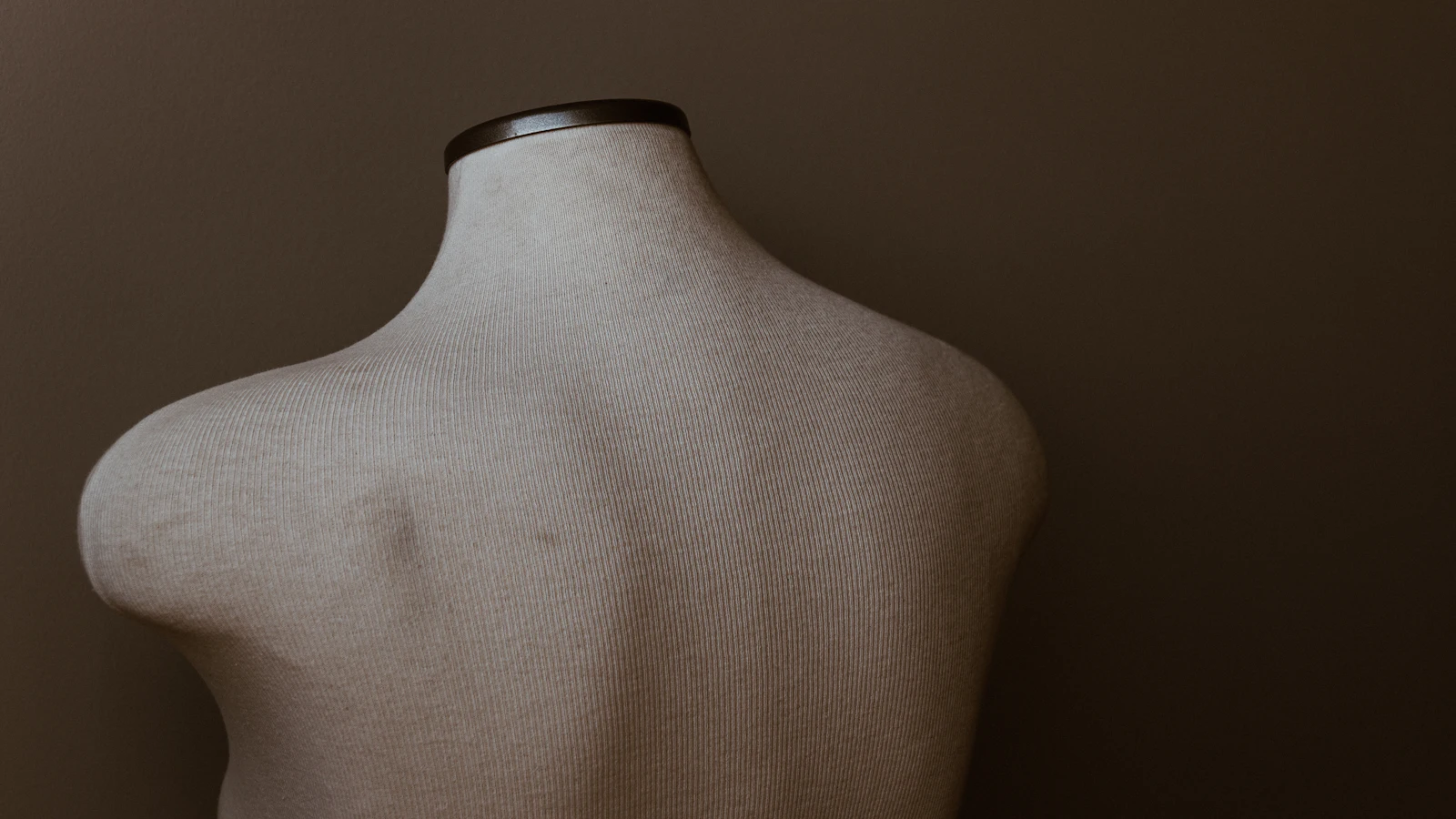 A cloth tailor's dress form seen from behind against a dark wall, the stand-in a garment can fit exactly and still not fit the person it was made for